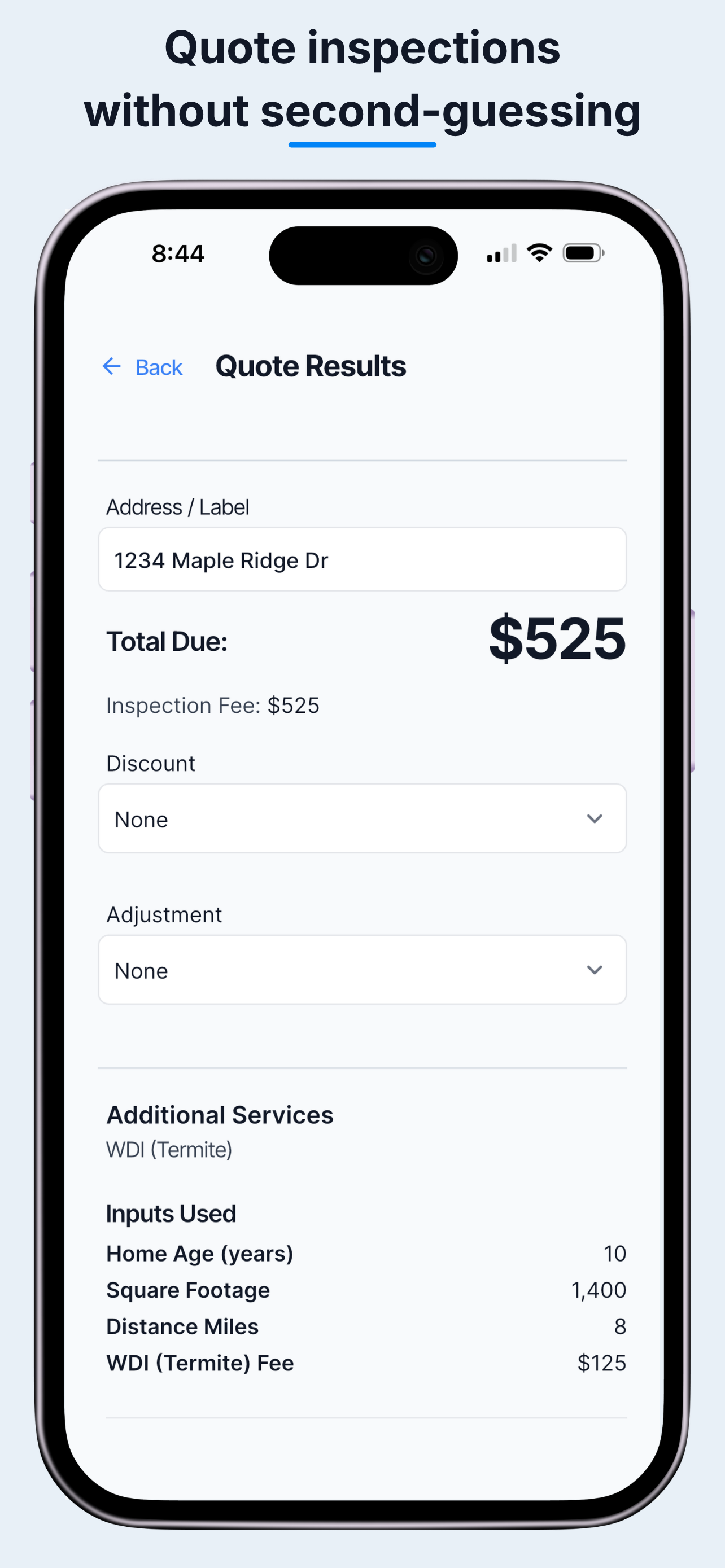 InspectRate quote results, with an inspection fee, discounts, adjustments, and property details.
