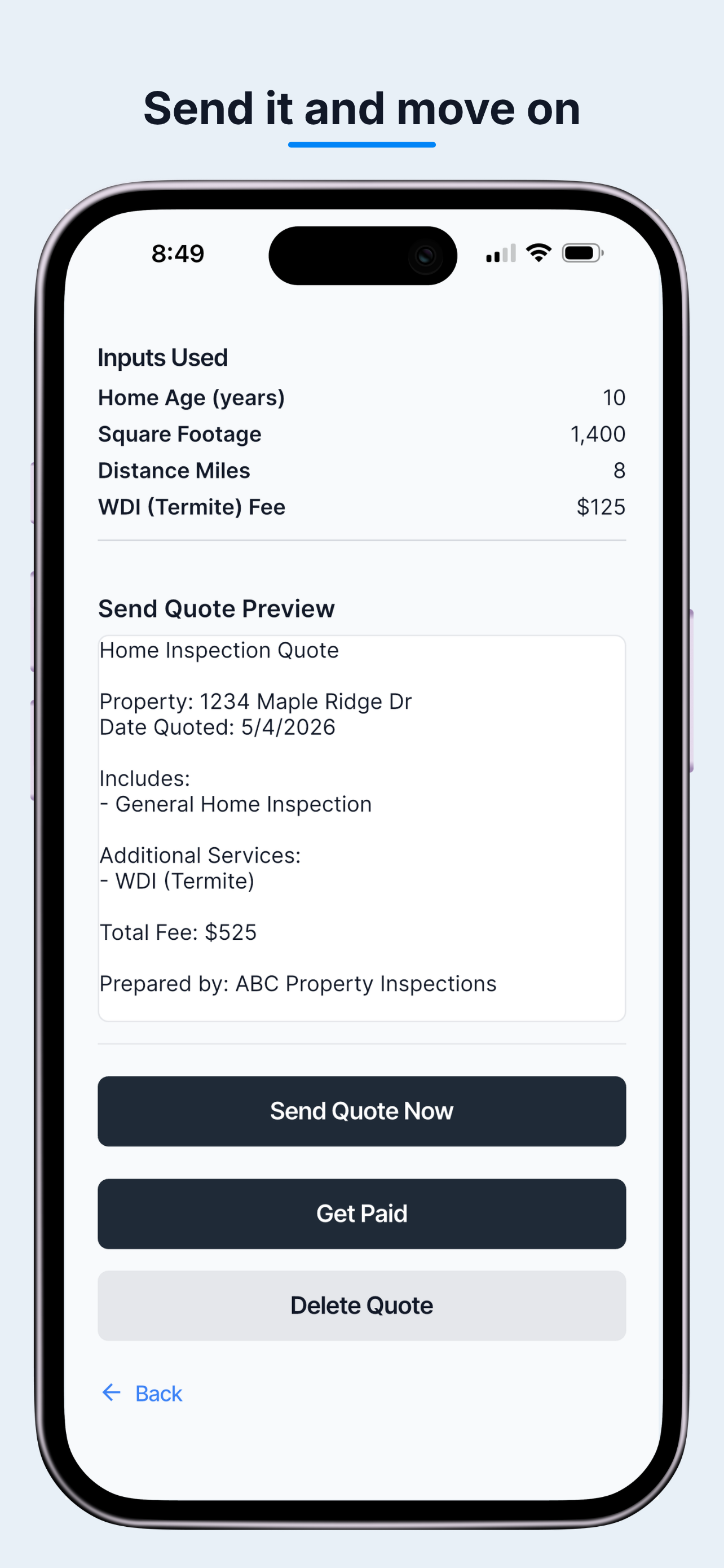 InspectRate quote preview ready to share with a client.